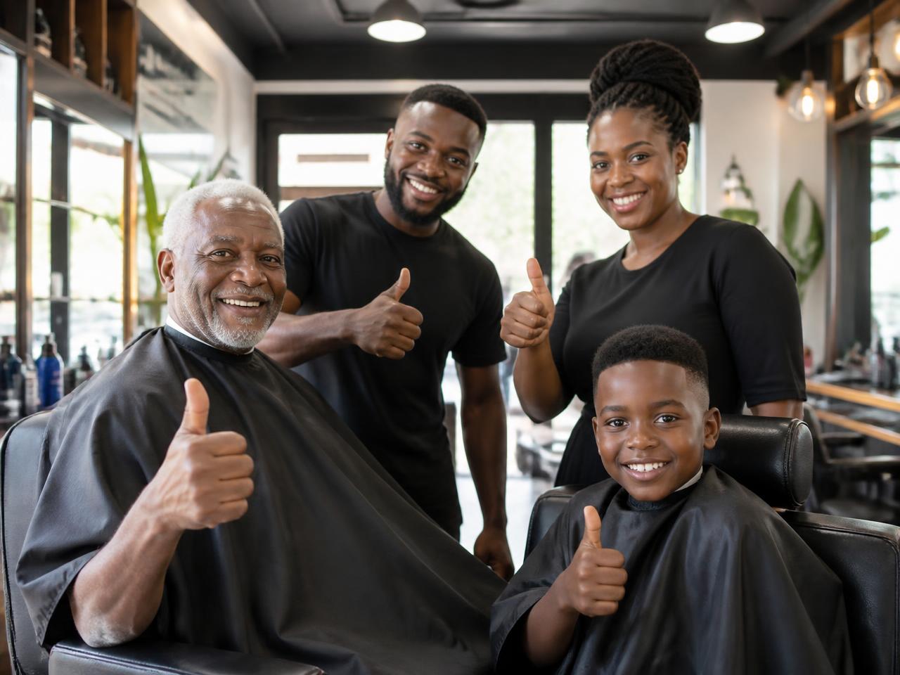 Happy salon and barbershop customers giving a thumbs up