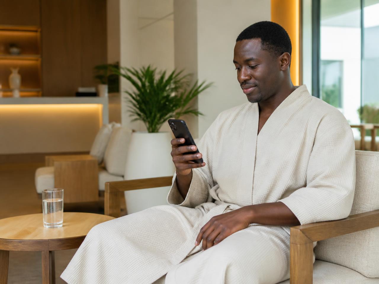 Spa client checking his live queue position on his phone